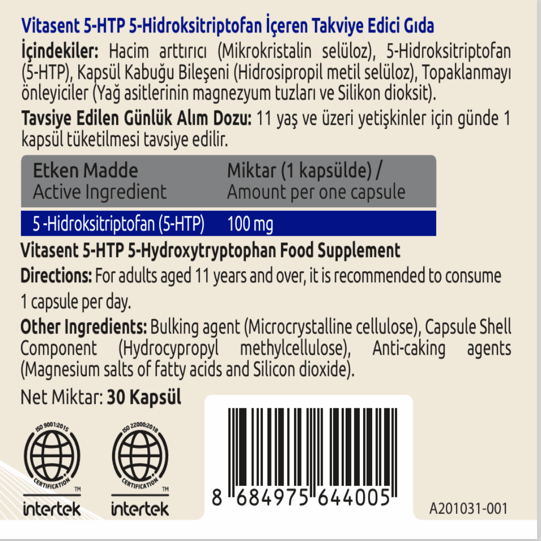 Vitasent 5 HTP Uyku Kalitesi için Takviye